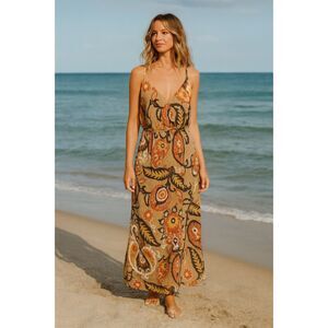 Boho Chic Brown V-Neck Spaghetti Straps Stretch Vacation Maxi Long Dress Small